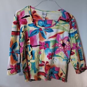 Chico's Pink and Blue Floral  Blouse, Size 3